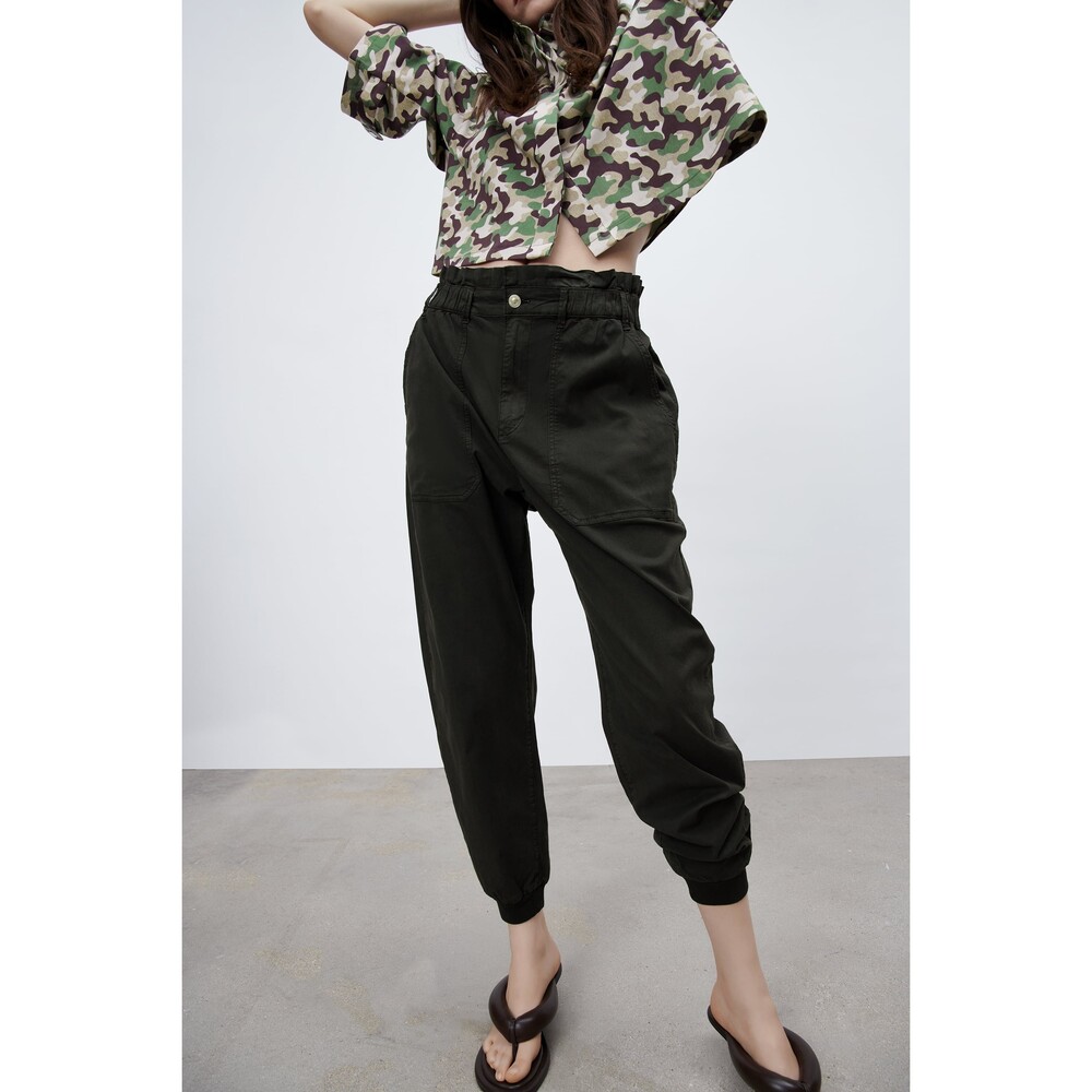 Black Zara Elastic Paperbag Waist Patch Pocket Joggers (NWT)